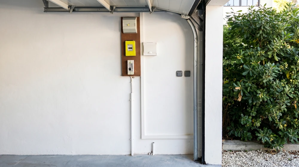 Main électrique avec disjoncteurs différentiels, borniers de connexion bleus et jaunes, câbles organisés
